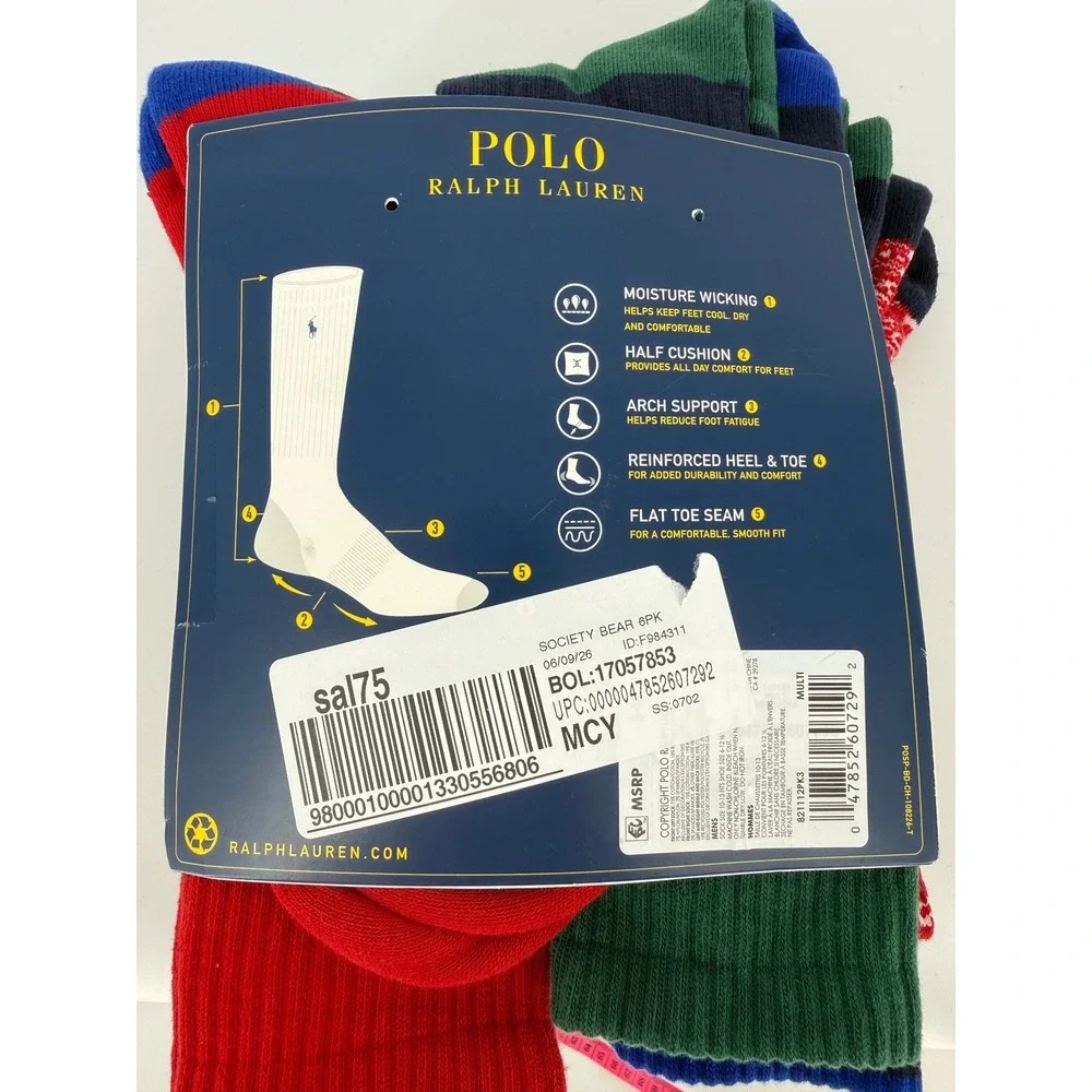 Polo Ralph Lauren Mens 6 Pair Crew Socks Paisley Performance Multi 10-13